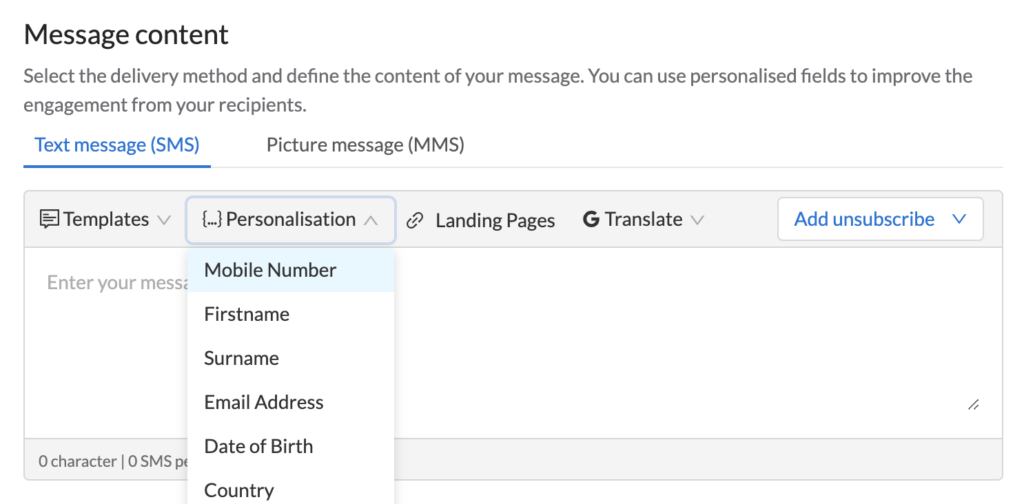 Image of writing your message function in MessageMedia SMS web portal