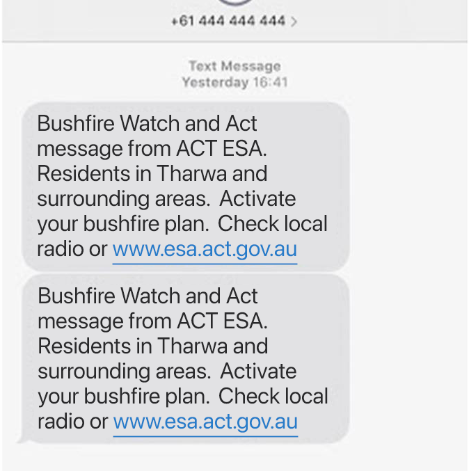 An example SMS from Bushfire Watch and Act regarding bushfire alerts