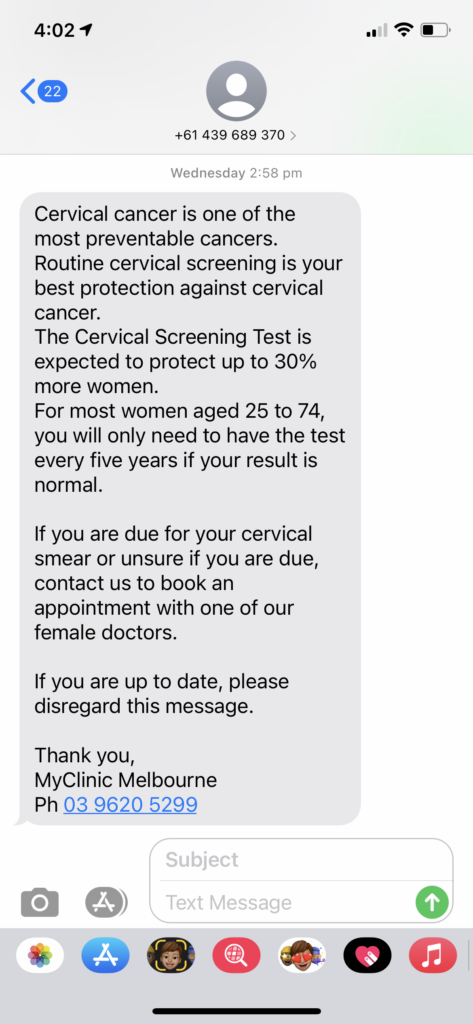 An example SMS you might receive around the importance of cervical cancer screening tests