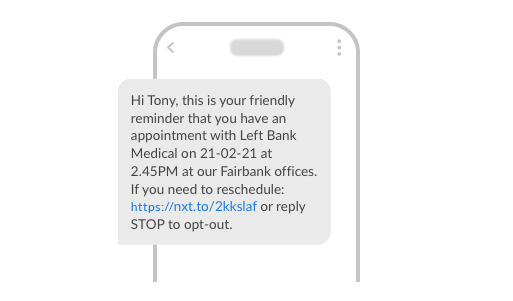 An example SMS from Left Bank Medical reminding client about appointment
