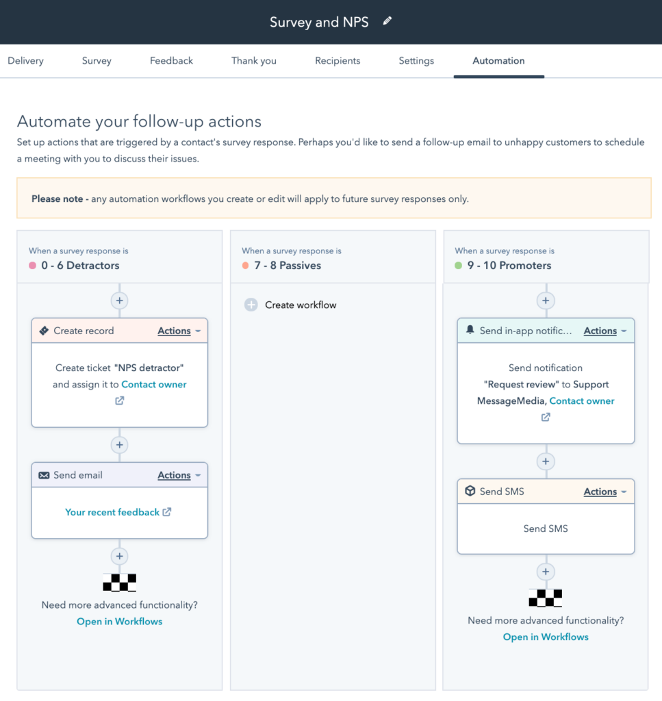 A screenshot of a HubSpot workflow where we set up an automation to go out to the customer after feedback has been received. If the score is between 0 and 6 we send an email to engage and find out more.