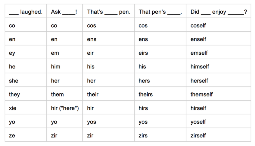 An infographic table showing a list of pronouns