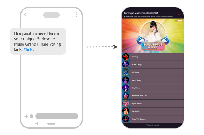 An image showing an example voters SMS and the voting landing page