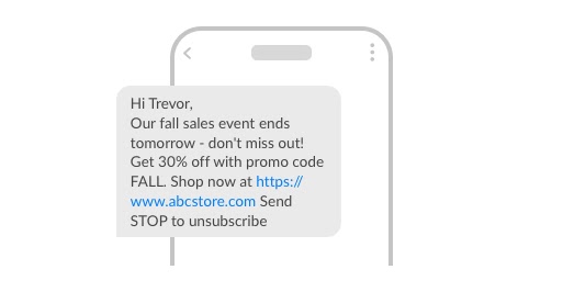 An example SMS which advertises a sale that ends tomorrow. Includes a link to the online store.