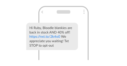 An example of a back-in-stock and incentivised text message