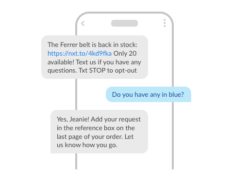An example of a two-way back-in-stock text message conversation