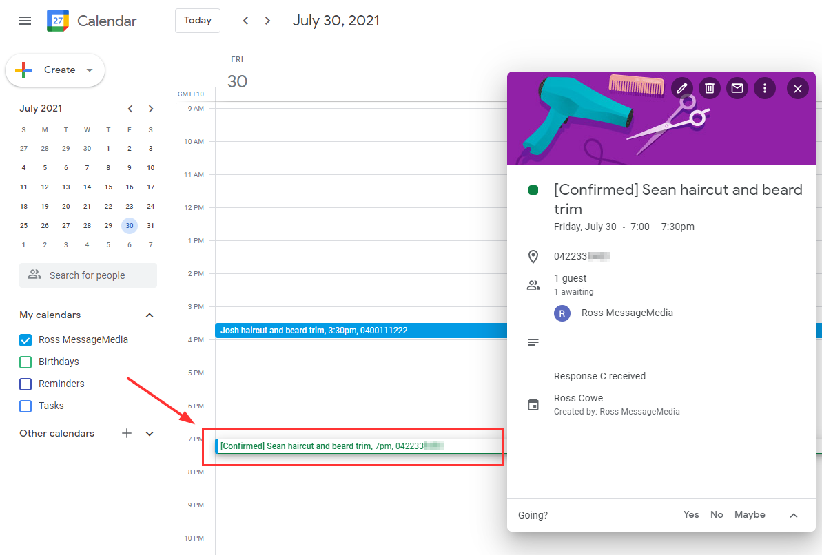 Image showing an appointment which has been updated as confirmed in Google Calendar