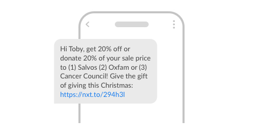 An example SMS offering to donate 20% of the sale to a designated charity