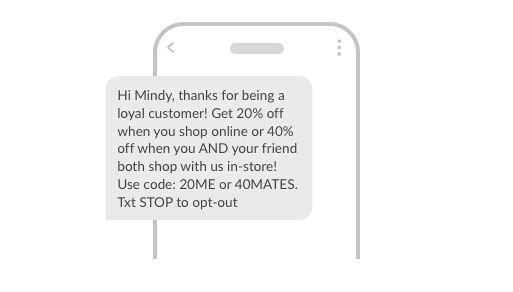 Example SMS where you offer your customer 20% discount or 40% if they refer a friend