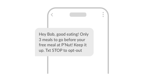 Example SMS: Hey Bob good eating! Only 3 meals to go before your free meal at P’Nut! Keep it up. Txt STOP to opt-out