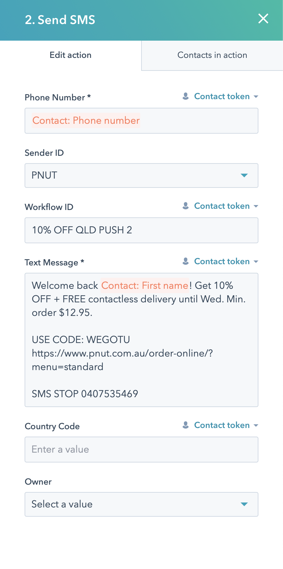 HubSpot welcome back SMS creation