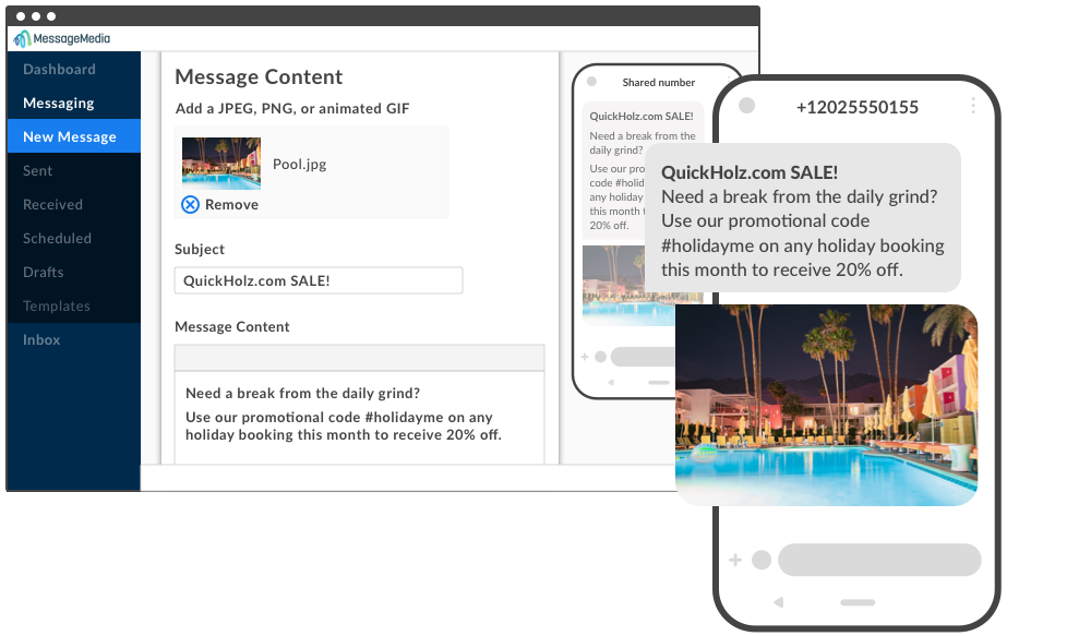 A sneak peek at the MessageMedia portal and the Send MMS screen, which includes the option of attacking an image and some text to send to up to millions of recipients