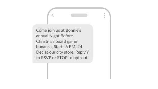 Example SMS used to invite customers for an event. Use replies to confirm attendances and then schedule follow-up reminders
