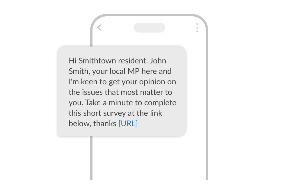 A phone with an SMS on it. The message reads: Hi Smithtown resident. John Smith, your local MP here and I'm keen to get your opinion on the issues that most matter to you. Take a minute to complete this short survey at the link below, thanks [URL] 