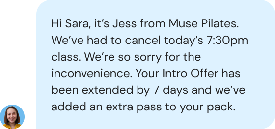 Muse Pilates SMS example 2 class cancelled
