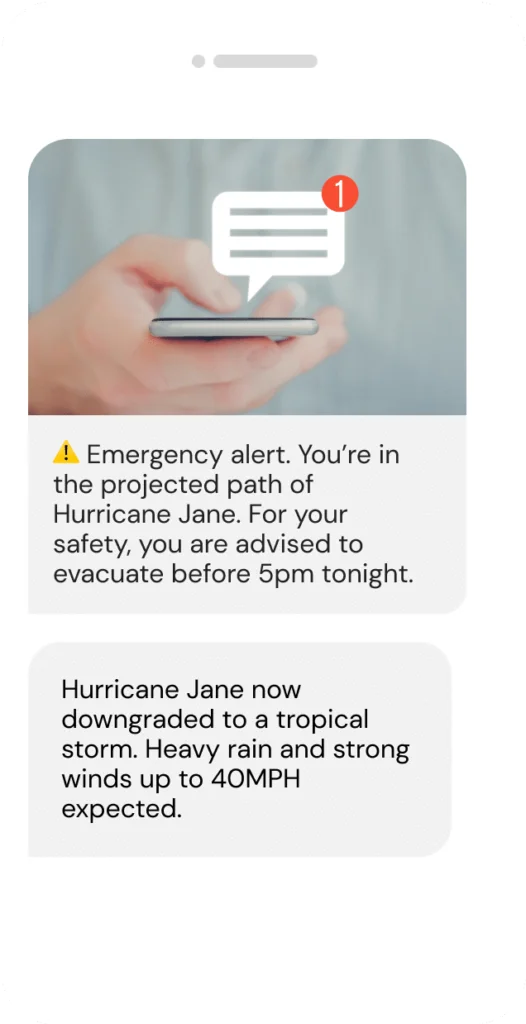 illustrated phone with example of weather alert text message