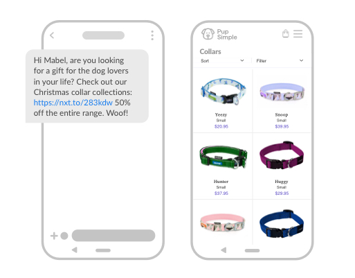 An example SMS which includes a hyperlink to a landing page for dog collars