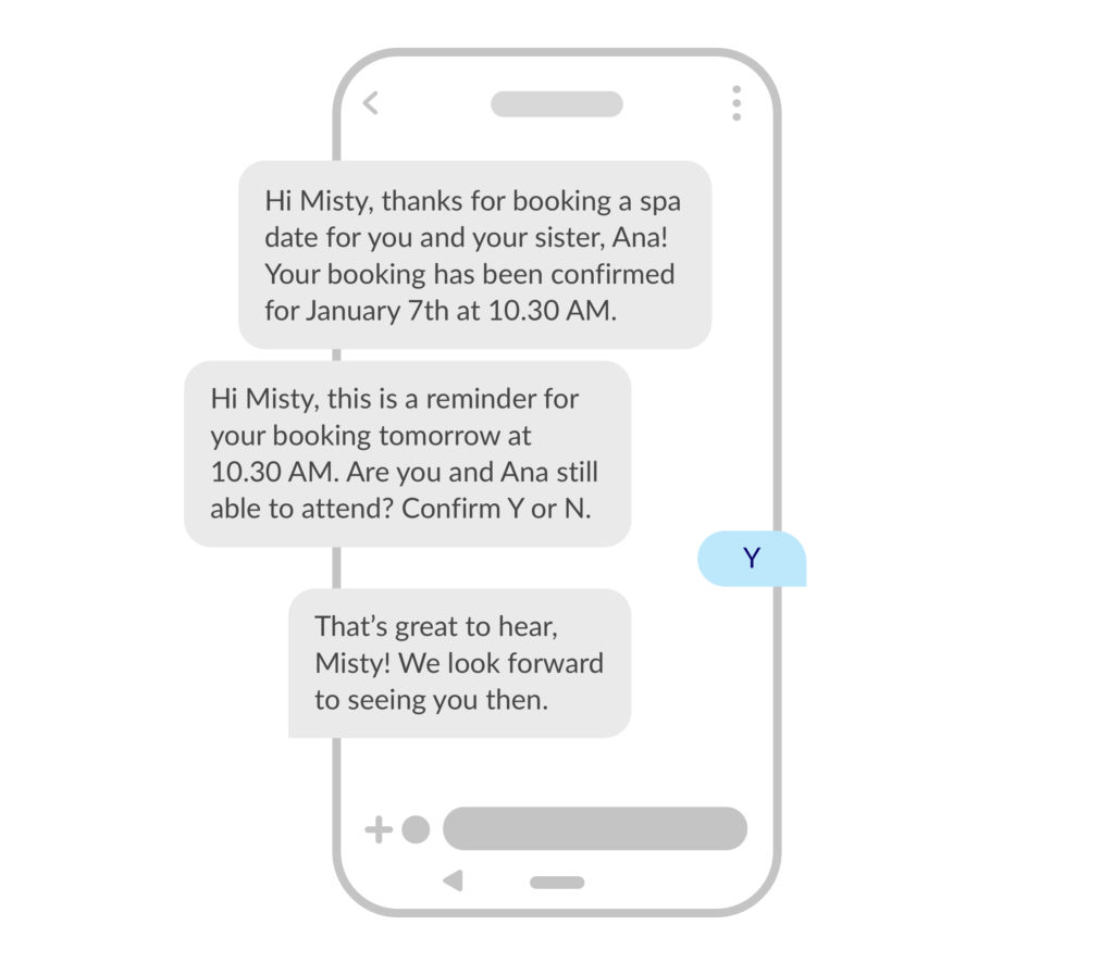 An example SMS used for a customer booking and booking confirmation